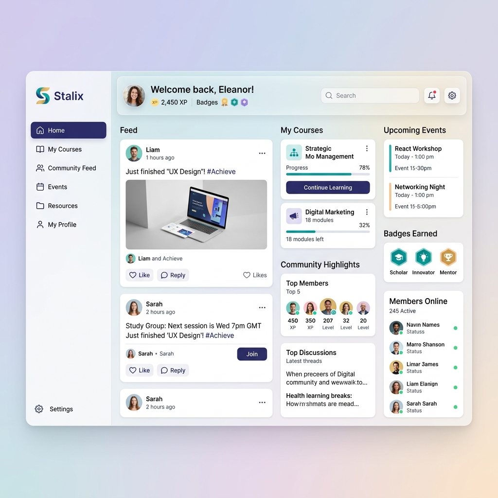 Ilustrasi Dashboard Utama Stalix LMS - Solusi platform komunitas dan kursus online